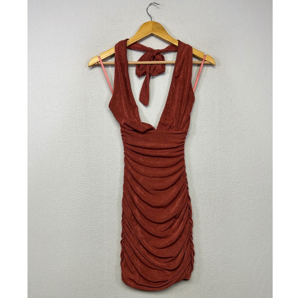 Sexy Clubwear Windsor Womens XS Rust Ruched Halter Bodycon Mini Dress Slinky